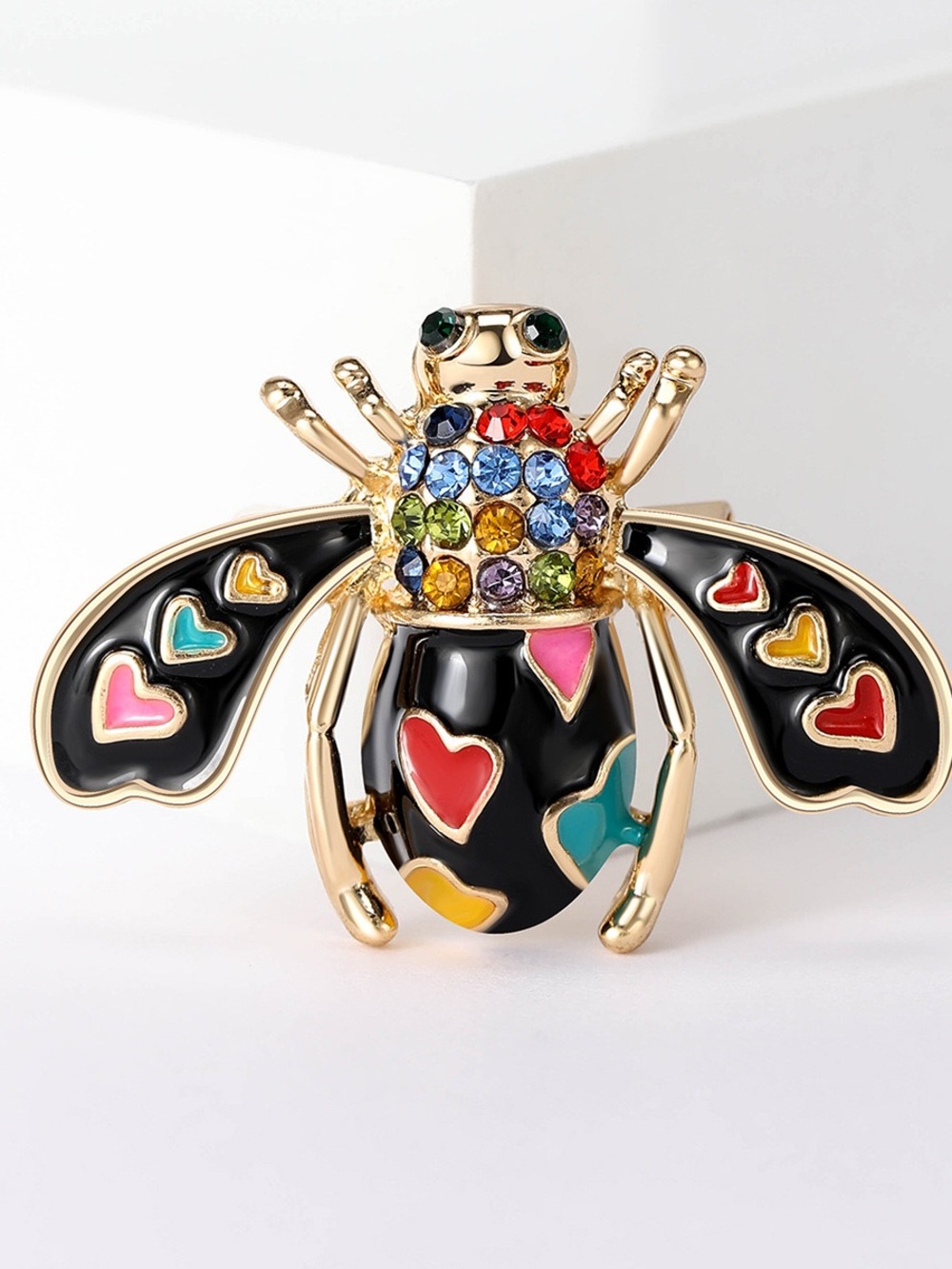 Black Enamel Rhinestone Bee Brooch Multicolor Heart Insect Pin Gold Tone